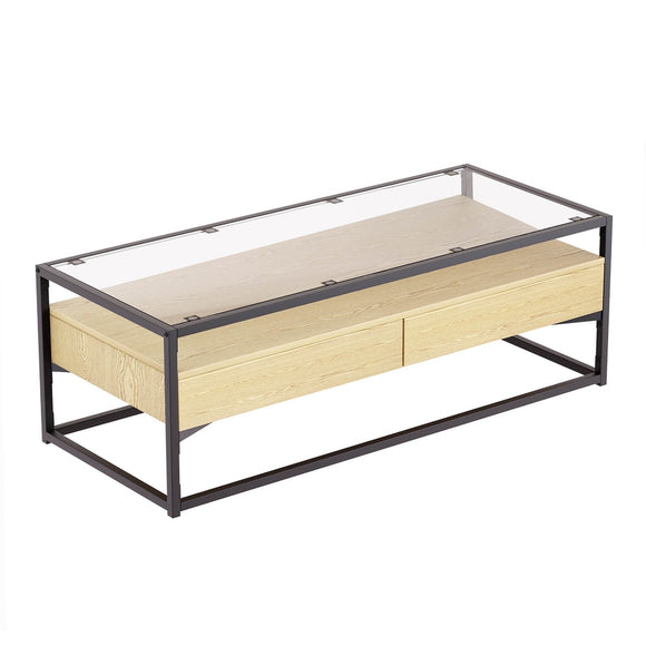 NNEDSZ Coffee Table 2 Drawers Glass Tabletop Pine