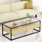 NNEDSZ Coffee Table 2 Drawers Glass Tabletop Pine