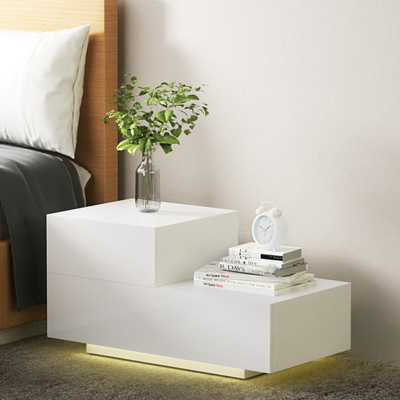 NNEDSZ Artiss Bedside Tables LED 2 Drawers - REMI White