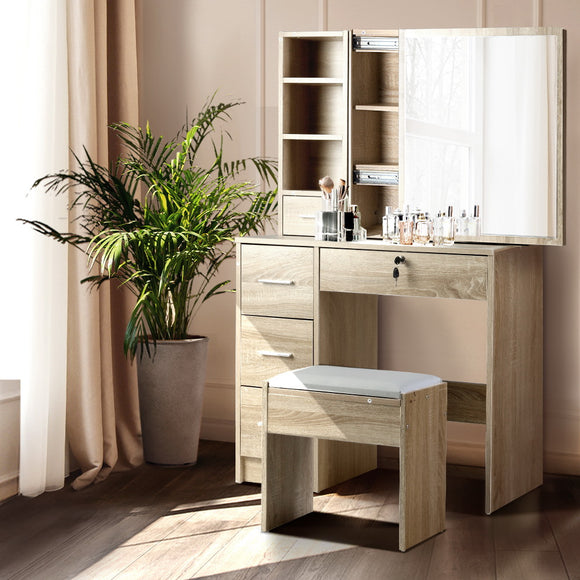 NNEDSZ Artiss Dressing Table Stool Set Sliding Mirror Oak Diane