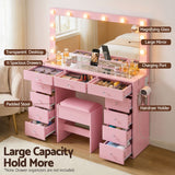Artiss Dressing Table Charging Station LED Vanity Desk Set Stool Glass Top Make up Mirror Storage Drawer Pink