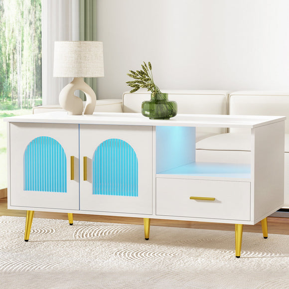 NNEDSZ Artiss LED Coffee Table Shelf Drawer Storage White