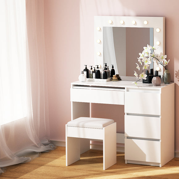 NNEDSZ Artiss Dressing Table Set Stool 12 Led Bulbs White