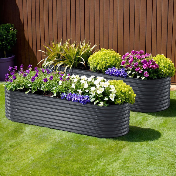NNEDSZ x2 Green Fingers Raised Garden Bed Kit Planter Oval Galvanised Steel 240cmX80cmX56cm