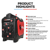 NNEMB 3.5kW Peak 3kW Enclosed Inverter Generator, 2x15A, 12V, USB, Portable, Compact, Camping, Backup