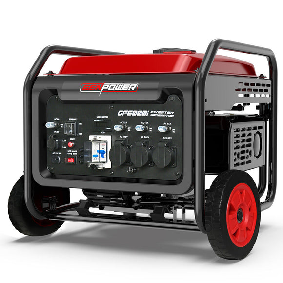 NNEMB 6kW Peak 5kW Open Frame Inverter Generator, 3x15A, 15L Tank, Wheels, RCD, Portable, Backup