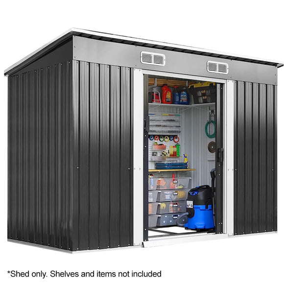 NNEMB Galvanised Steel Garden Shed 2.38 x 1.31 x 1.82m, with 2 Sliding Doors, 2 Air Vents, Skillion Roof, Floor Frame