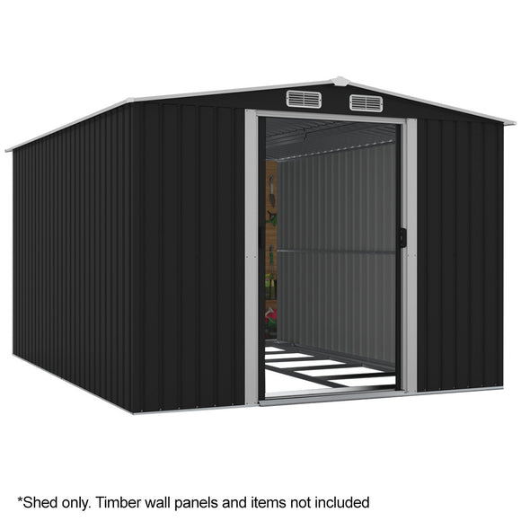 NNEMB Galvanised Steel Garden Shed 2.58 x 3.13 x 2.02m, with 2 Sliding Doors, 4 Air Vents, Gable Roof, Floor Frame