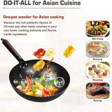 NNEOBA 32cm Carbon Steel Wok with Wooden Lid Flat Bottom Non-Stick Black
