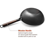 NNEOBA 32cm Carbon Steel Wok with Wooden Lid Flat Bottom Non-Stick Black