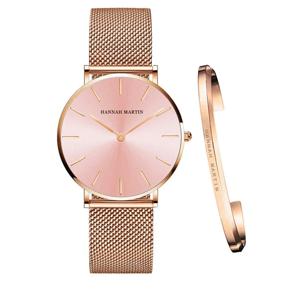NNEOBA Women's Mesh Bracelet Watch Set (Pink pink)