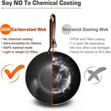 NNEOBA 32cm Carbon Steel Wok with Wooden Lid Flat Bottom Non-Stick Black