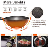 NNEOBA 32cm Carbon Steel Wok with Wooden Lid Flat Bottom Non-Stick Black