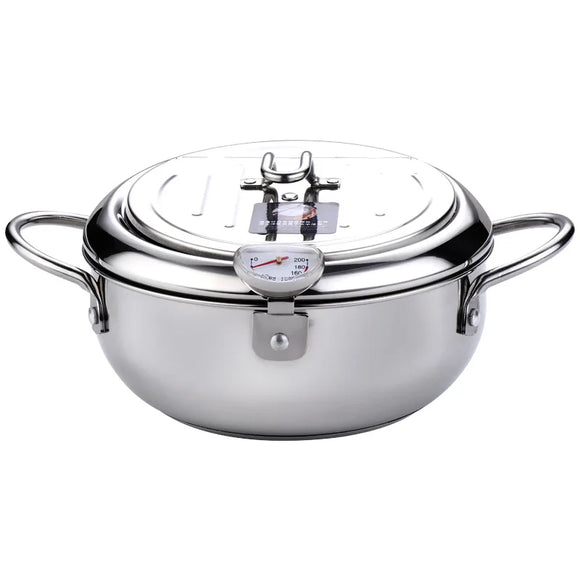 NNEOBA 304 Stainless Steel Deep Frying Pot with Thermometer And Lid Silver