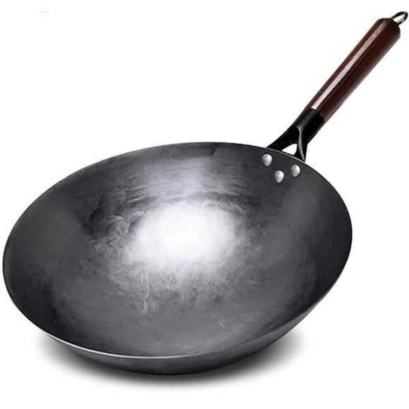 NNEOBA 32cm Hand-Forged Iron Wok Pure Iron Non-Coated Stir Fry Pan Brown