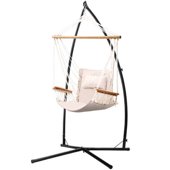NNEDSZ Gardeon Hammock Chair with Steel Stand Armrest Outdoor Hanging Cream