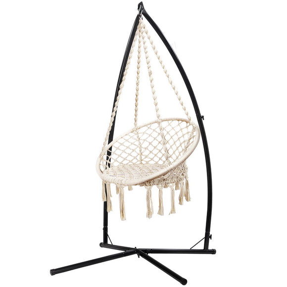 NNEDSZ Gardeon Hammock Chair with Steel Stand Macrame Outdoor Swinging Cream