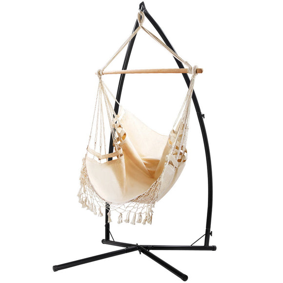 NNEDSZ Gardeon Hammock Chair with Steel Stand Hanging Outdoor Tassel Cream