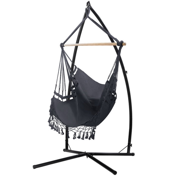 NNEDSZ Gardeon Hammock Chair with Steel Stand Hanging Outdoor Tassel Grey