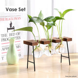 NNEOBA Glass and Wood Vase Planter Terrarium Table Desktop Hydroponics Plant Bonsai Flower Pot Hanging Pots with Wooden Tray Home Decor