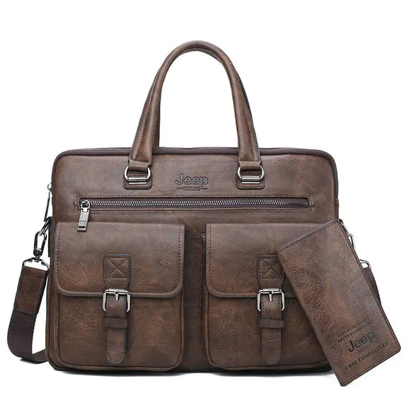 NNEOBA Men's Split Leather Business Briefcase Bag Set (Brown 8006-8888)