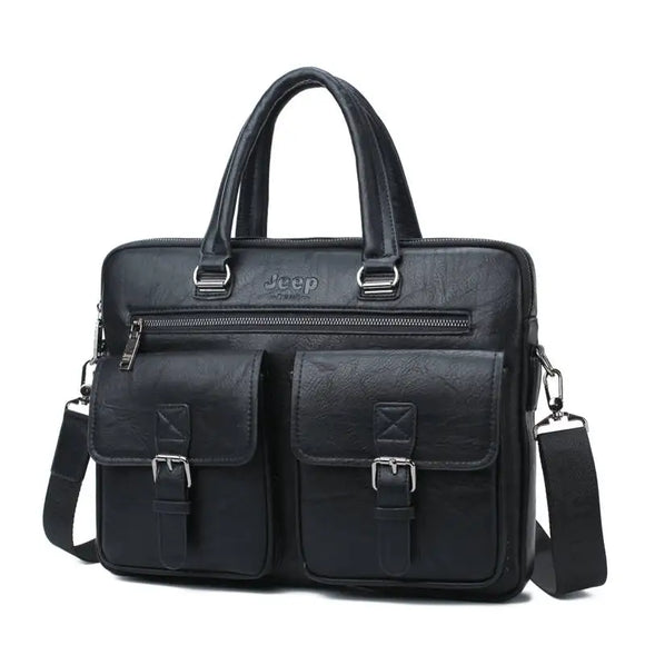 NNEOBA Men's Split Leather Business Briefcase Bag Set (Black 8006)