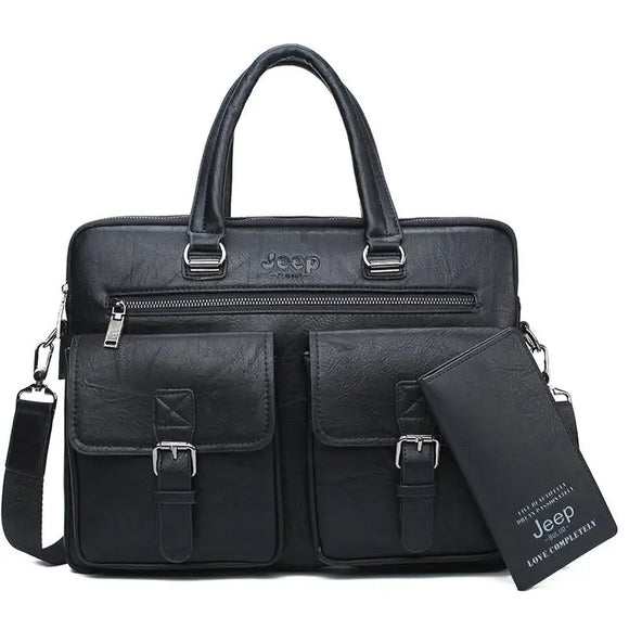 NNEOBA Men's Split Leather Business Briefcase Bag Set (Black 8006-8888)