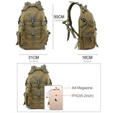 NNEOBA 40L Tactical Camping Backpack Waterproof Molle Khaki