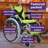 NNEMB Kids Premium Paediatric Wheelchair, Lightweight Aluminium, 22' Wheels, 75kg Rated, Green