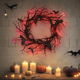 NNEOBA Halloween Black Bat Branch Wreath with Red LED Lights