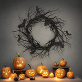 NNEOBA Halloween Black Bat Branch Wreath with Red LED Lights