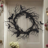 NNEOBA Halloween Black Bat Branch Wreath with Red LED Lights