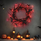 NNEOBA Halloween Black Bat Branch Wreath with Red LED Lights