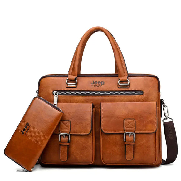 NNEOBA Men's Split Leather Business Briefcase Bag Set (Orange 8006-8888)