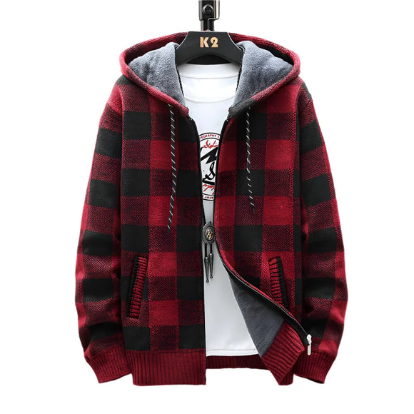 NNEOBA Men's Winter Hooded Plaid Wool Knit Cardigan