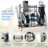 NNECW Heavy Duty Metal Double Golf Bag Storage Rack with Shelves & Lockable Wheels