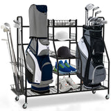 NNECW Heavy Duty Metal Double Golf Bag Storage Rack with Shelves & Lockable Wheels