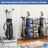 NNECW Heavy Duty Metal Double Golf Bag Storage Rack with Shelves & Lockable Wheels