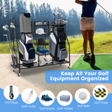 NNECW Heavy Duty Metal Double Golf Bag Storage Rack with Shelves & Lockable Wheels