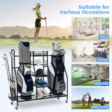 NNECW Heavy Duty Metal Double Golf Bag Storage Rack with Shelves & Lockable Wheels