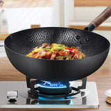 NNEOBA 32cm Carbon Steel Wok with Wooden Lid Flat Bottom Non-Stick Black