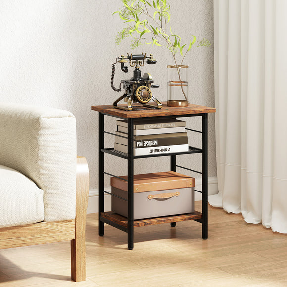 NNECW 3-Tier Industrial Side Table with Adjustable Mesh Shelf for Living Room
