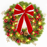 NNEOBA LED Christmas Wreath with Large Red Bow and Colored Balls