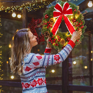 NNEOBA LED Christmas Wreath with Large Red Bow and Colored Balls