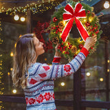 NNEOBA LED Christmas Wreath with Large Red Bow and Colored Balls