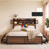 Artiss Queen Bed Frame with Charging Station 4 Drawers Storage Oak