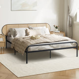 NNEED Bed Frame Double Metal Base Rattan Headboard