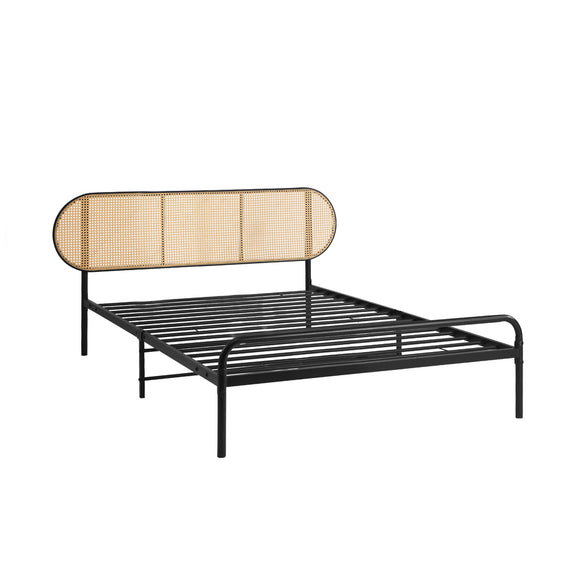 NNEED Bed Frame Single Metal Base Rattan Headboard