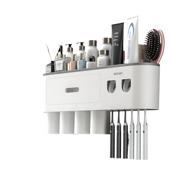 NNEOBA Wall-Mounted Bathroom Storage Rack (Gray, 4 Cups, 4 Stickers)