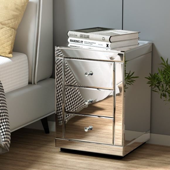 NNEDSZ Artiss Set of 2 Bedside Table 3 Drawers Mirrored Glass - PRESIA Silver